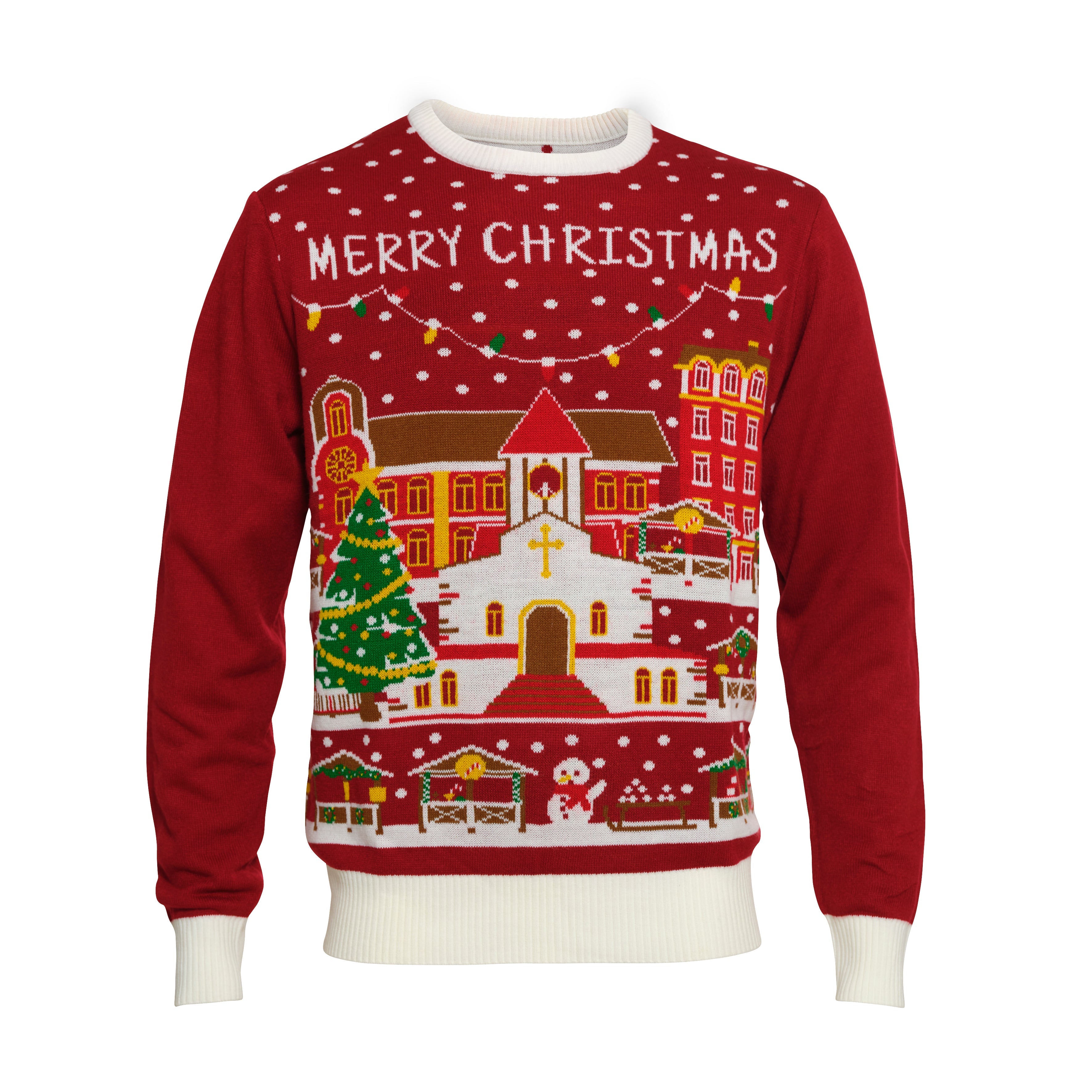 En rød julesweater med en snedækket juleby.