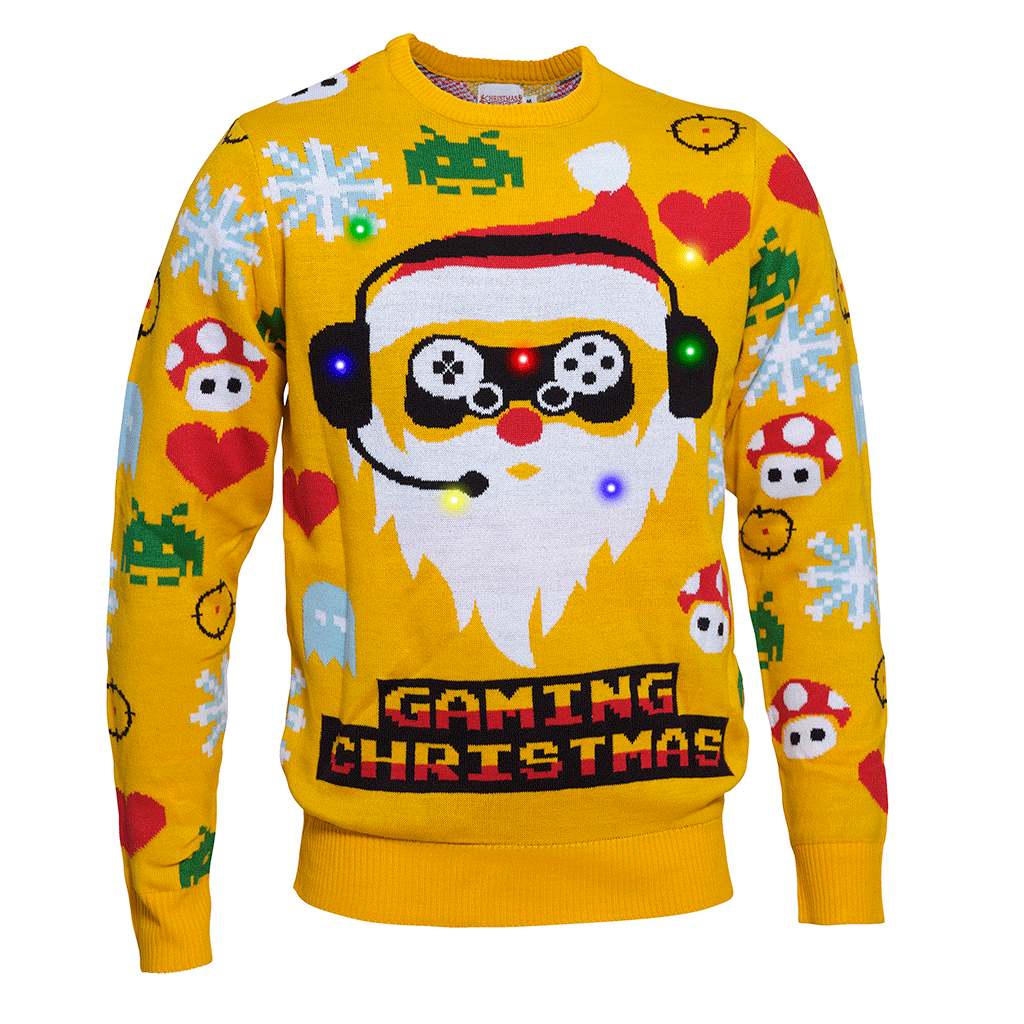 Un pull jaune de Noël avec un lutin joueur dessus.